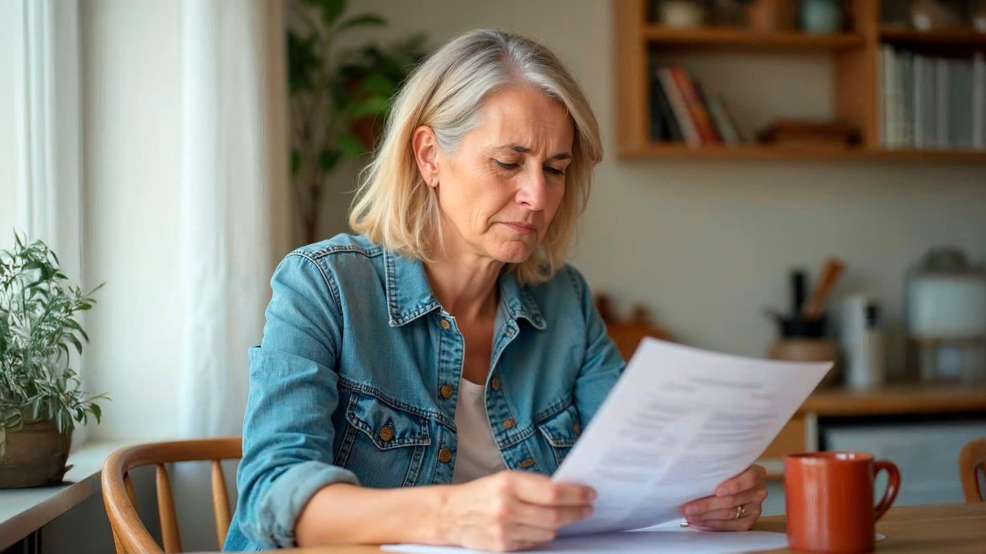 Concerned Homeowner Reviewing Contract - We Buy Houses Cash Worried senior woman reading a contract at her kitchen table.