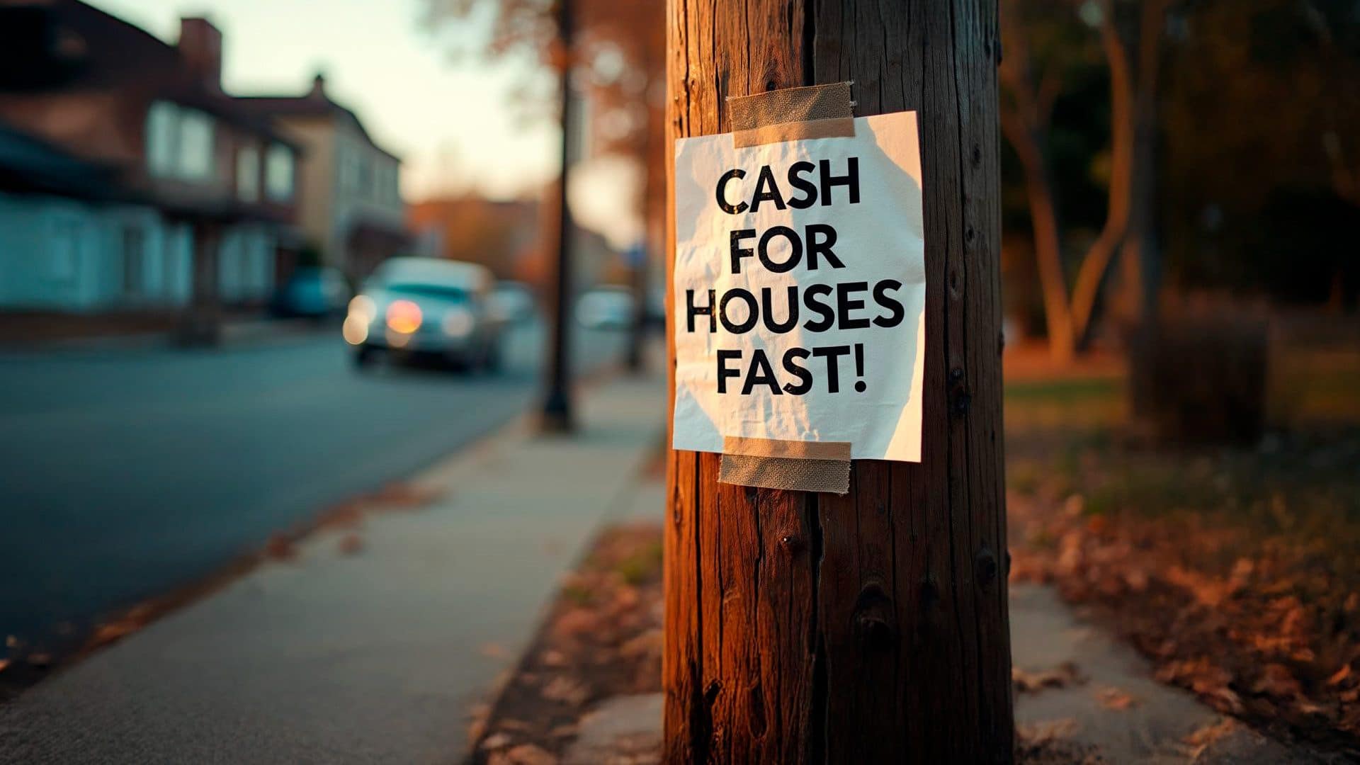 Cash for Houses Fast Street Sign - We Buy Houses Cash Paper sign taped to utility pole saying “Cash for Houses Fast.”