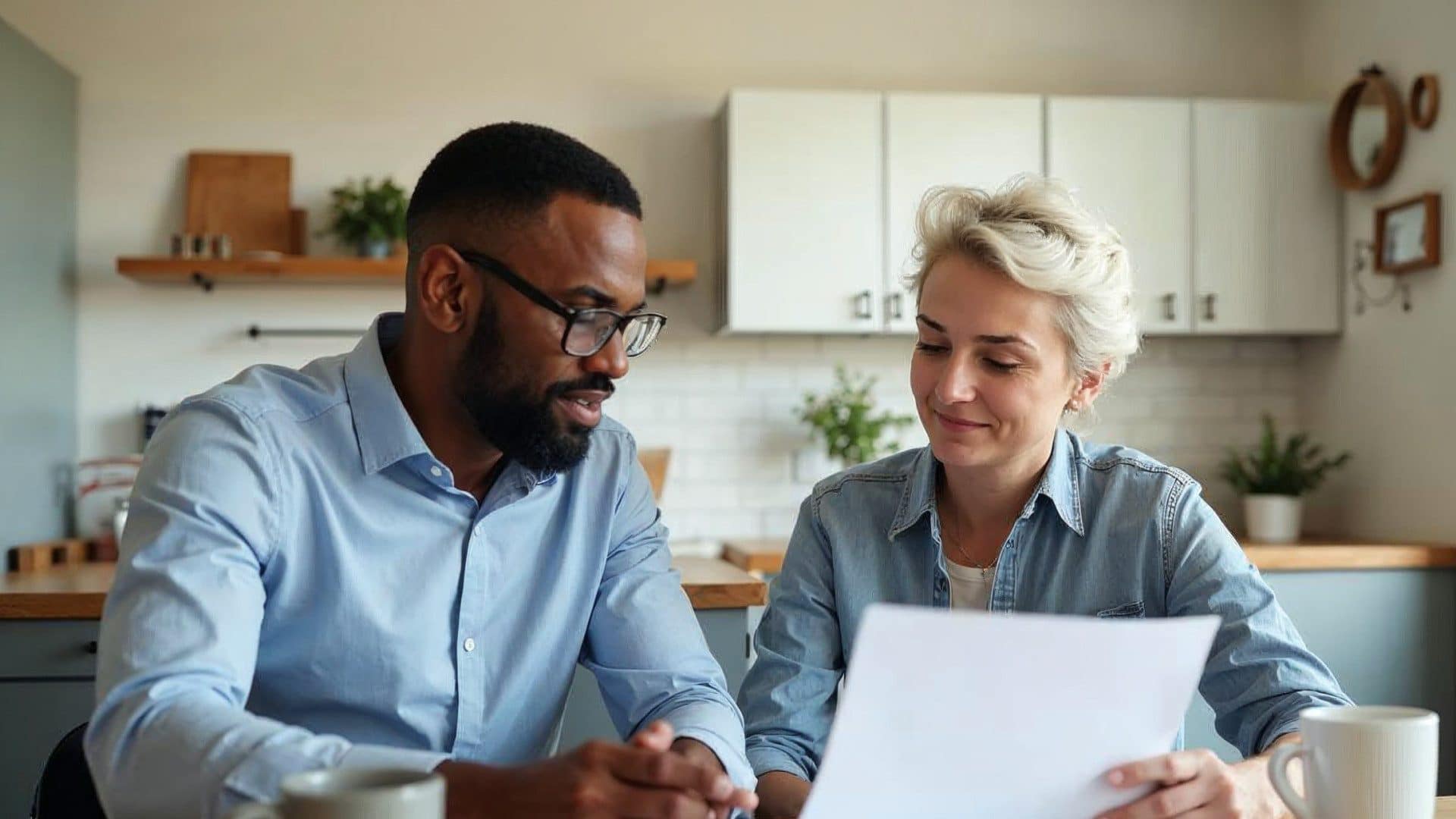 Home Buyer Reviewing Paperwork with Homeowner - We Buy Houses Cash Professional home buyer discussing offer details with a homeowner at the kitchen table.