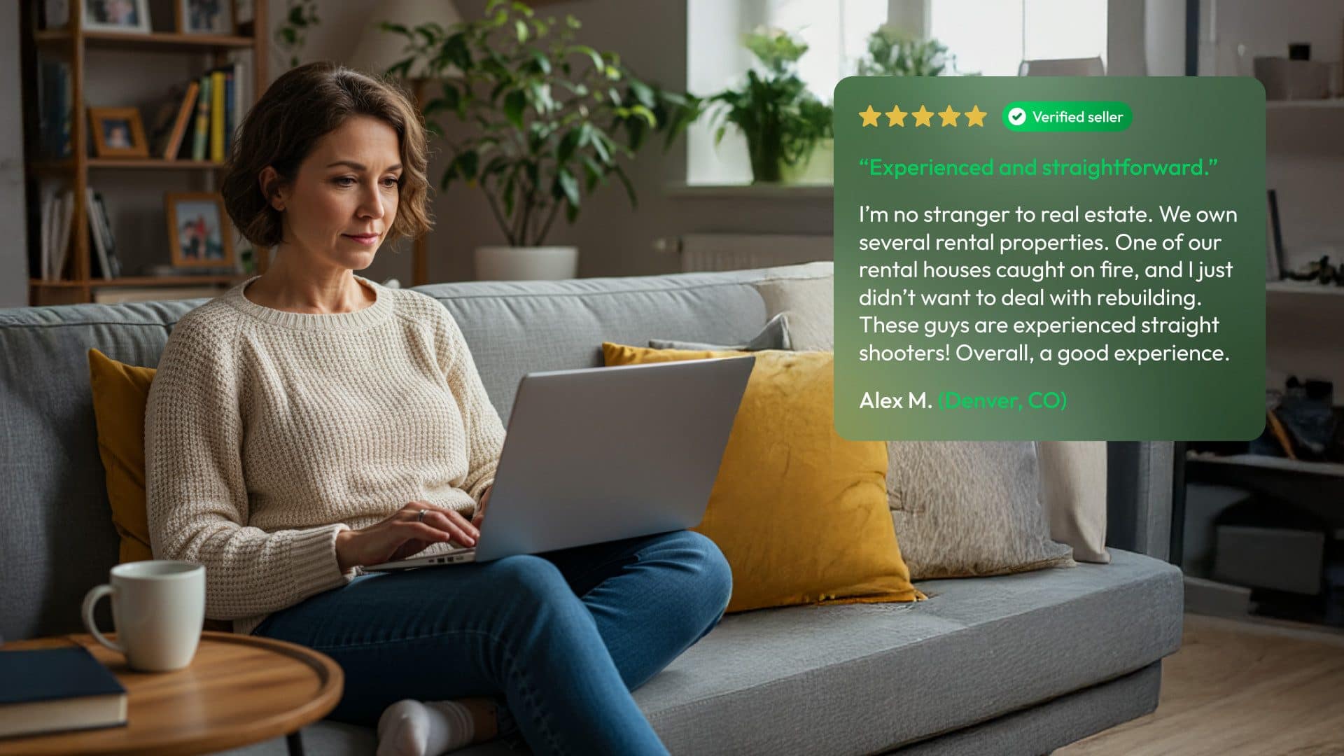 Seller Review of Cash Home Buyer Experience - We Buy Houses Cash Woman on laptop reading and leaving review about selling house for cash.