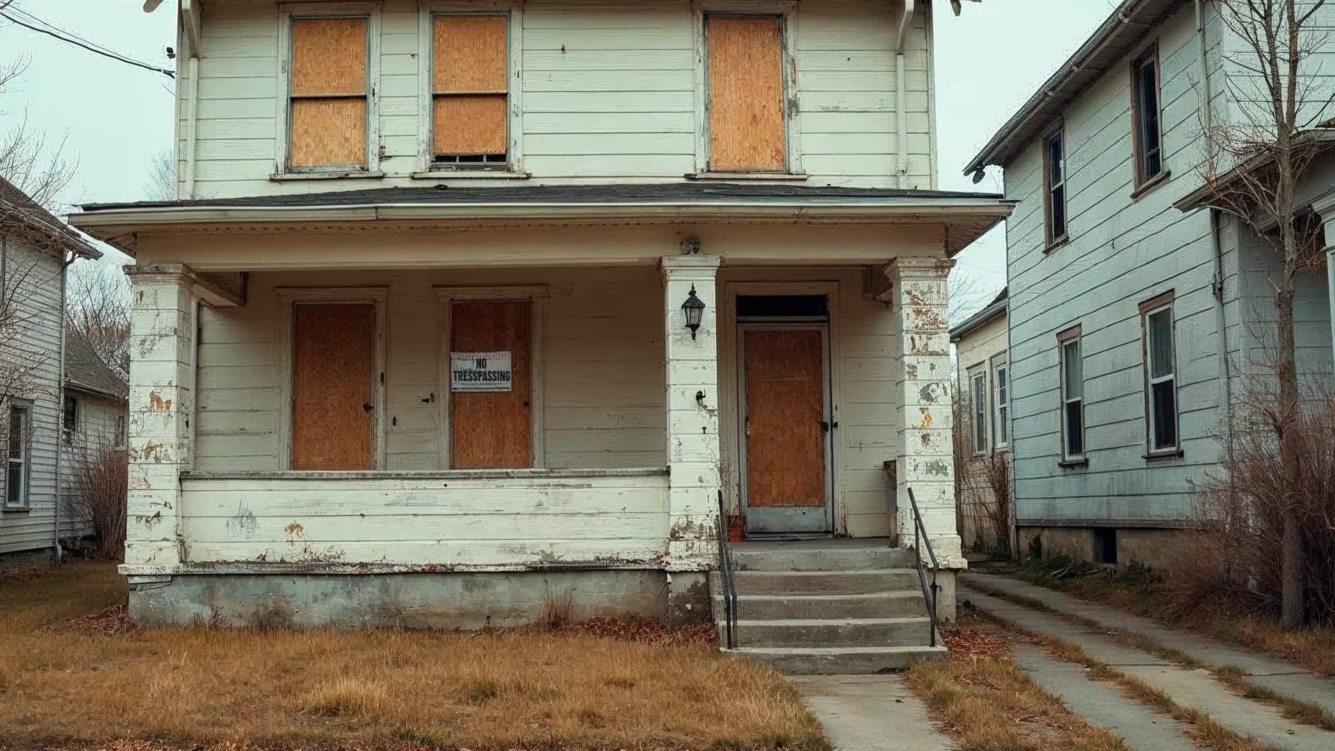 Abandoned Boarded Up House - We Buy Houses Cash Vacant house with boarded windows and no trespassing sign.