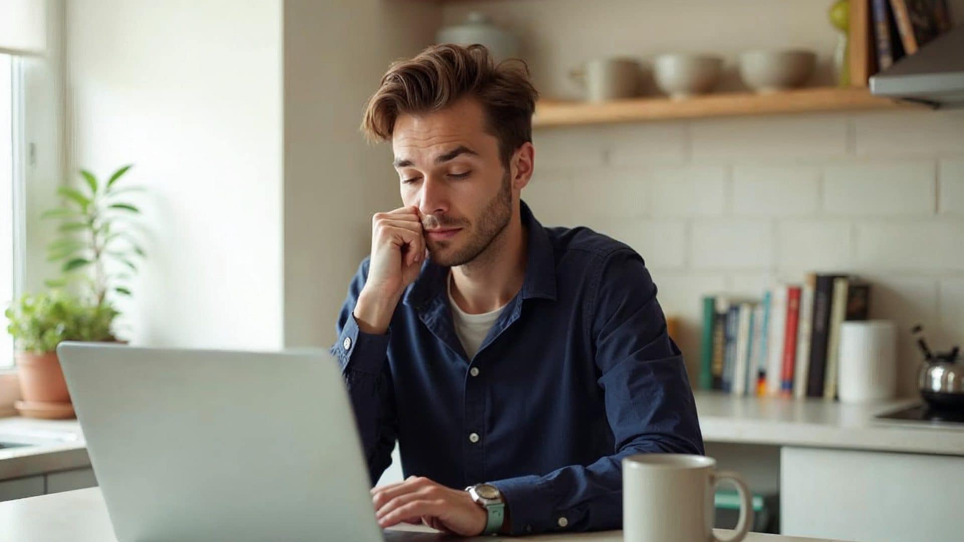 Worried Homeowner Researching Online - We Buy Houses Cash Stressed homeowner looking at laptop while researching how to sell a house.